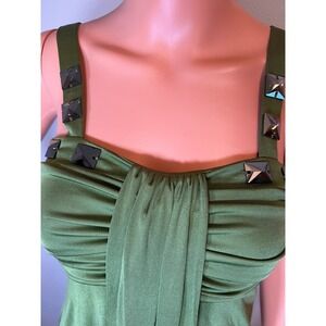 Prairie New York Silk Studded Ruched Cocktail Dress XS Olive Green Draped Front